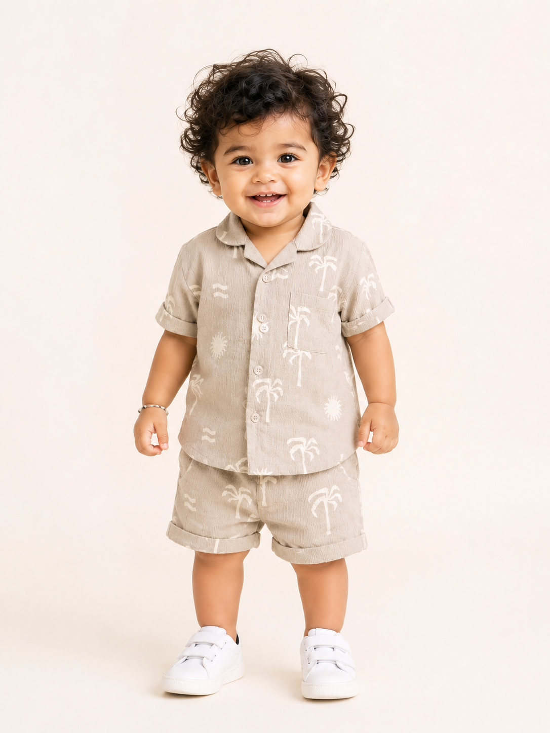 Boys Beige Printed Short Sleeved Soft Cotton Clothing Set BloomUp