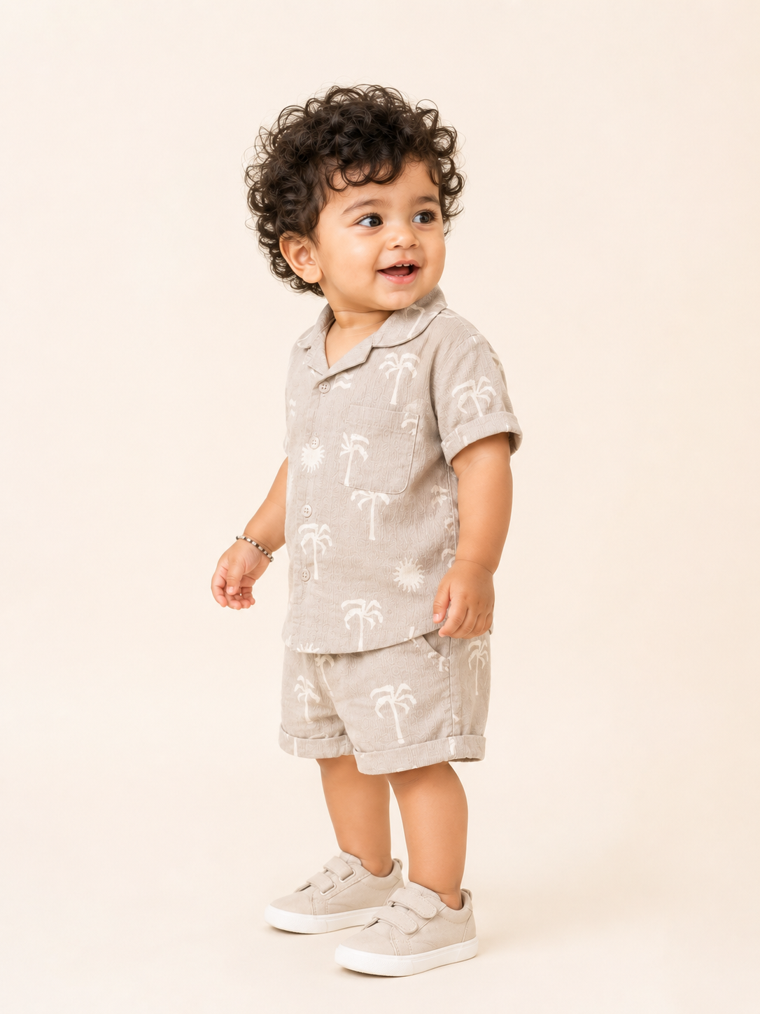 Boys Beige Printed Short Sleeved Soft Cotton Clothing Set BloomUp