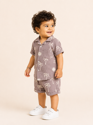 Boys Mauve Printed Short Sleeved Soft Cotton Clothing Set BloomUp