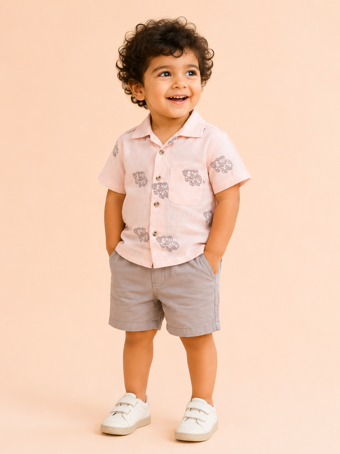 Boys Pale Pink Printed Shirt Soft Cotton Clothing Set BloomUp
