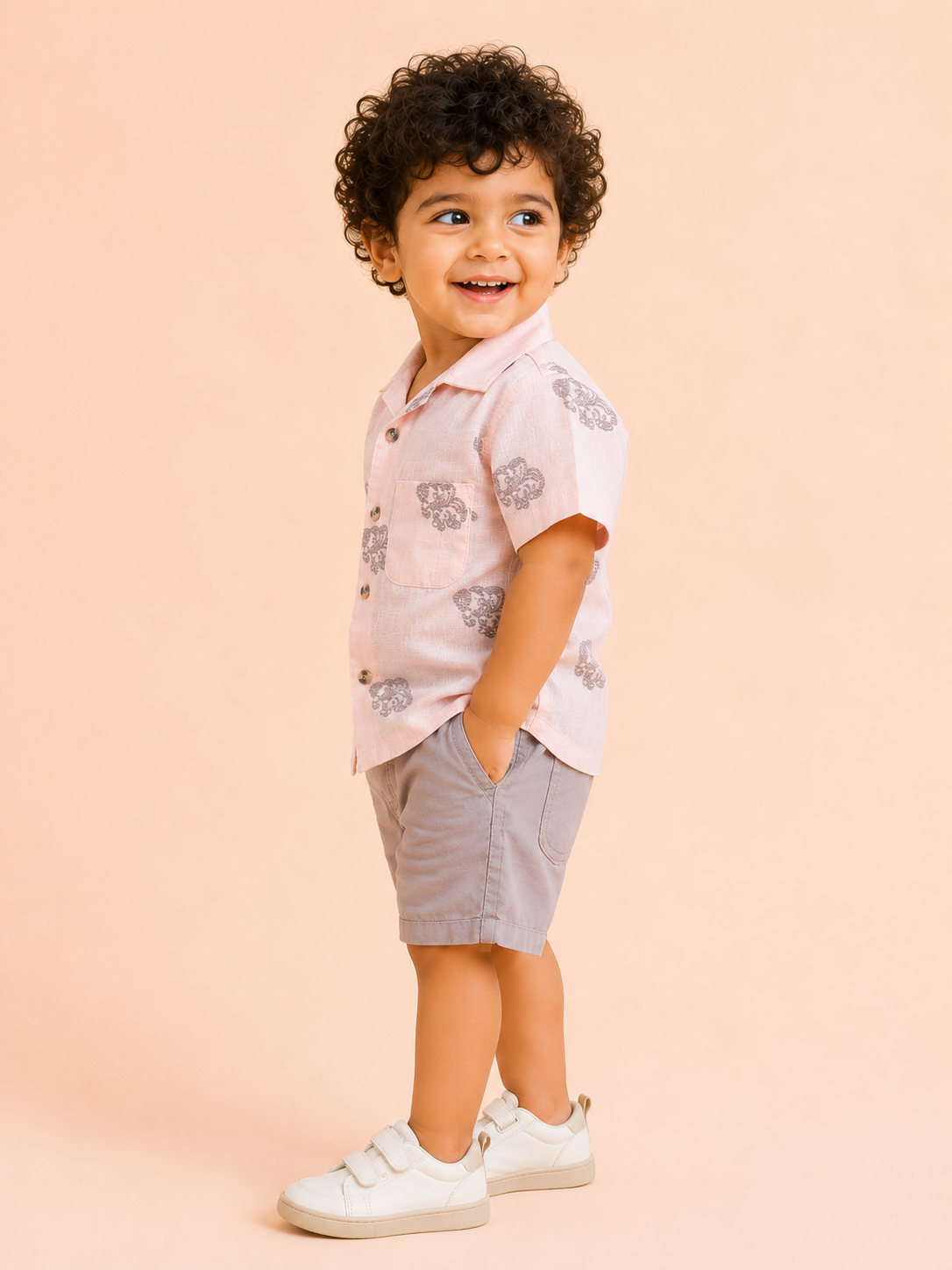 Boys Pale Pink Printed Shirt Soft Cotton Clothing Set BloomUp