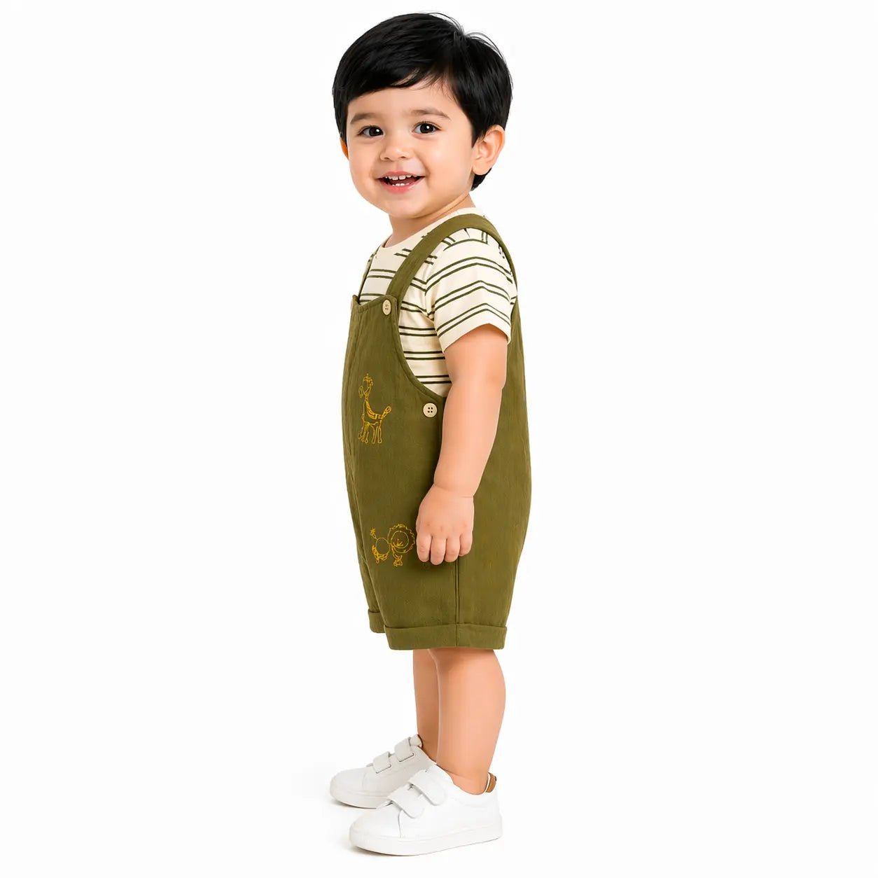 Baby Olive Green Dungaree Romper Set with Striped T-Shirt BloomUp