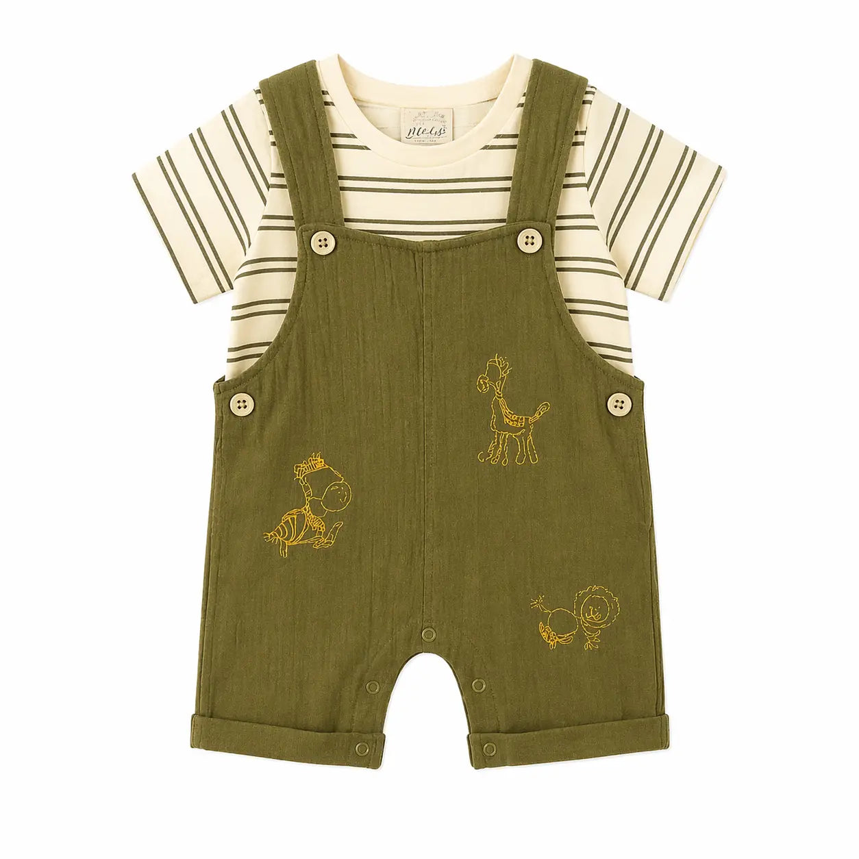 Baby Olive Green Dungaree Romper Set with Striped T-Shirt BloomUp