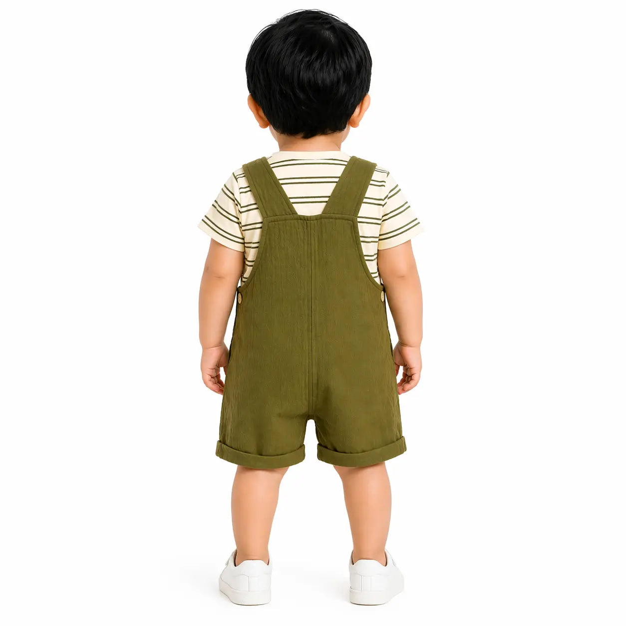 Baby Olive Green Dungaree Romper Set with Striped T-Shirt BloomUp