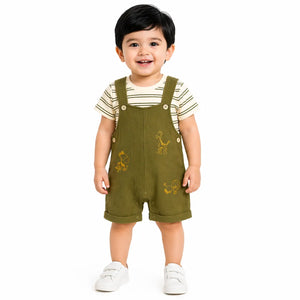 Baby Olive Green Dungaree Romper Set with Striped T-Shirt BloomUp