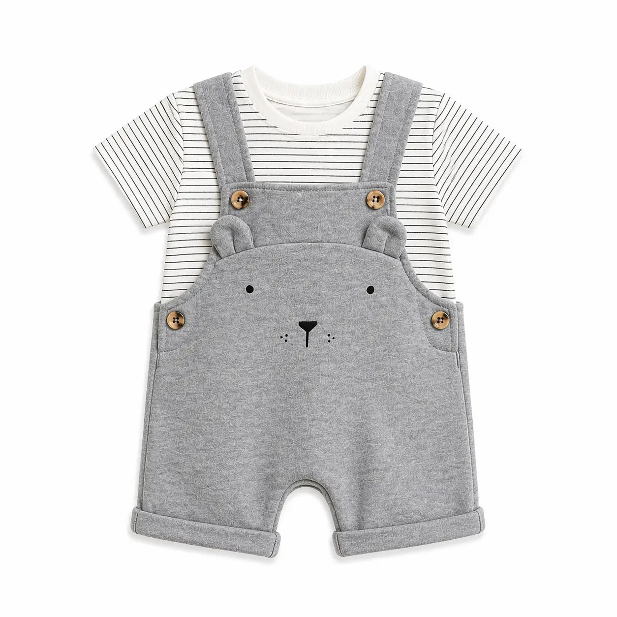 Baby Grey Bear Dungaree Romper Set with Striped T-Shirt BloomUp
