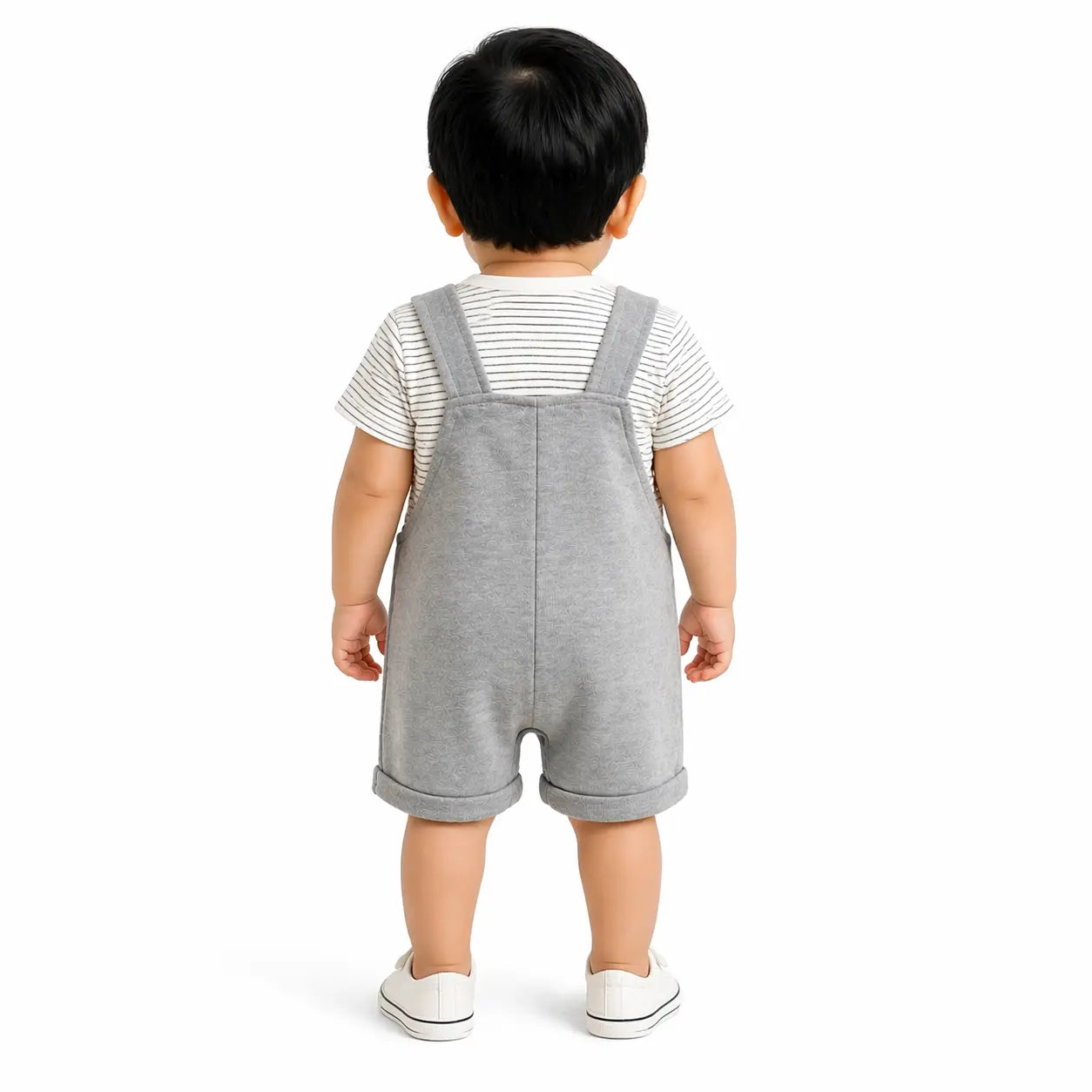 Baby Grey Bear Dungaree Romper Set with Striped T-Shirt BloomUp