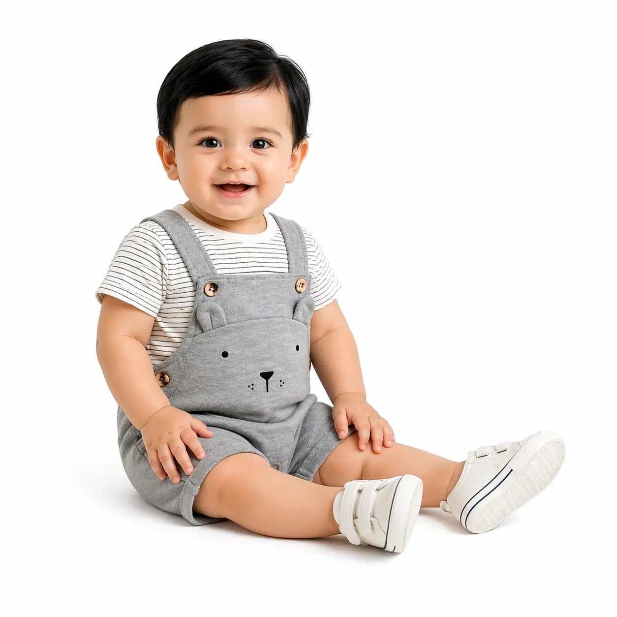 Baby Grey Bear Dungaree Romper Set with Striped T-Shirt BloomUp