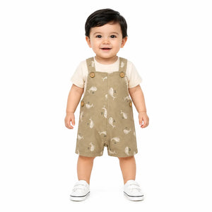 Baby Champagne Beige Whale Print Dungaree Romper Set with T-Shirt BloomUp