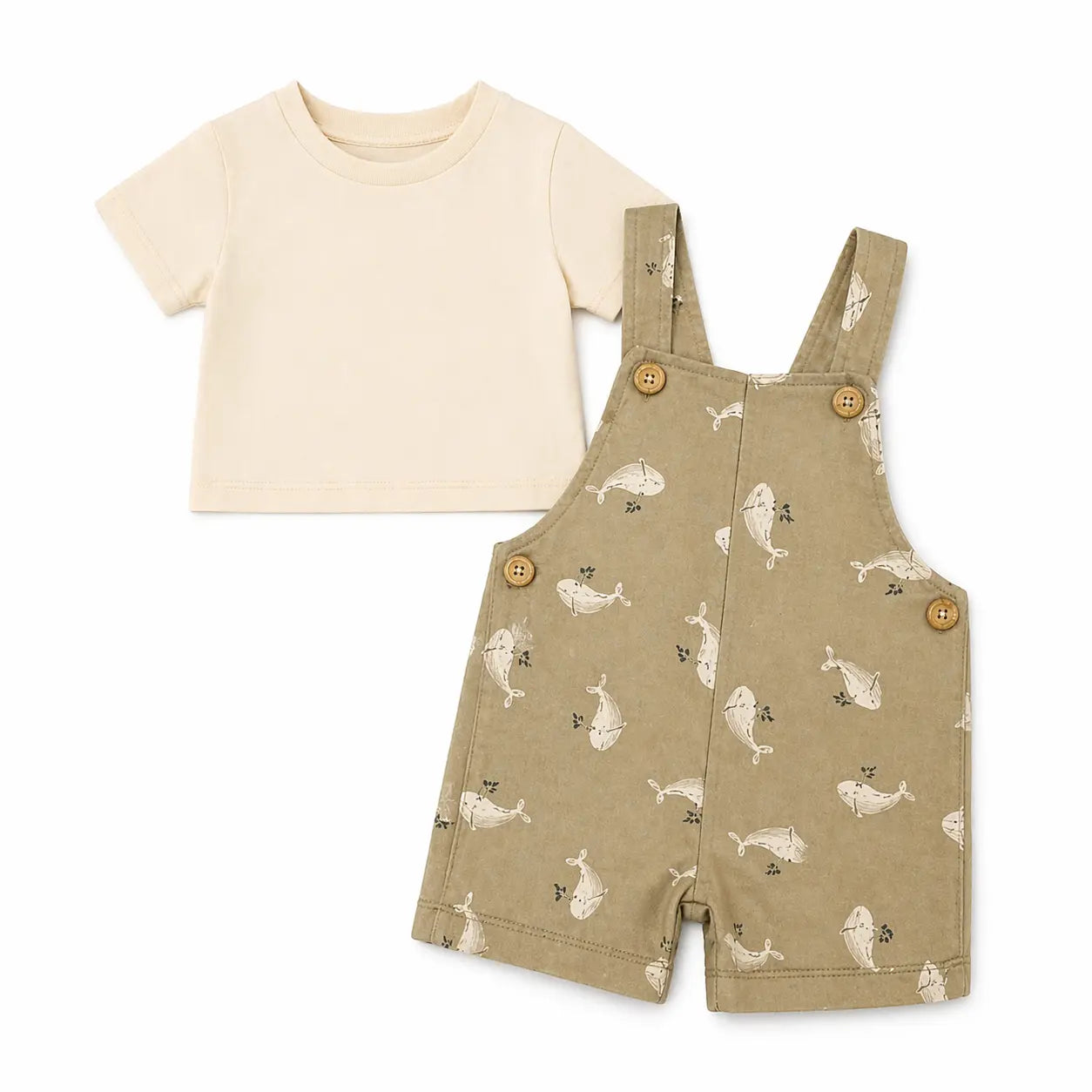 Baby Champagne Beige Whale Print Dungaree Romper Set with T-Shirt BloomUp