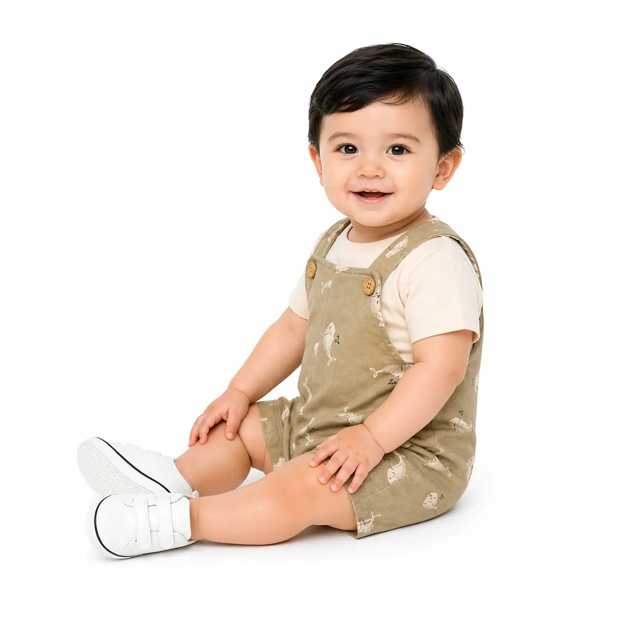 Baby Champagne Beige Whale Print Dungaree Romper Set with T-Shirt BloomUp
