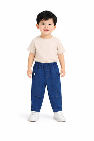 Kids Dark Blue Denim Pants with Elastic Waist & Heart Detail BloomUp