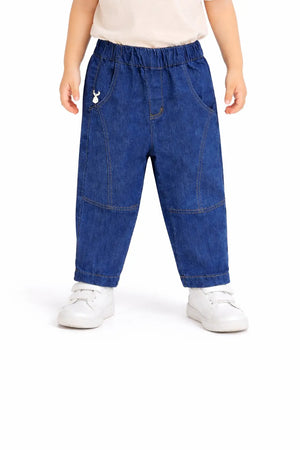 Kids Dark Blue Denim Pants with Elastic Waist & Heart Detail BloomUp