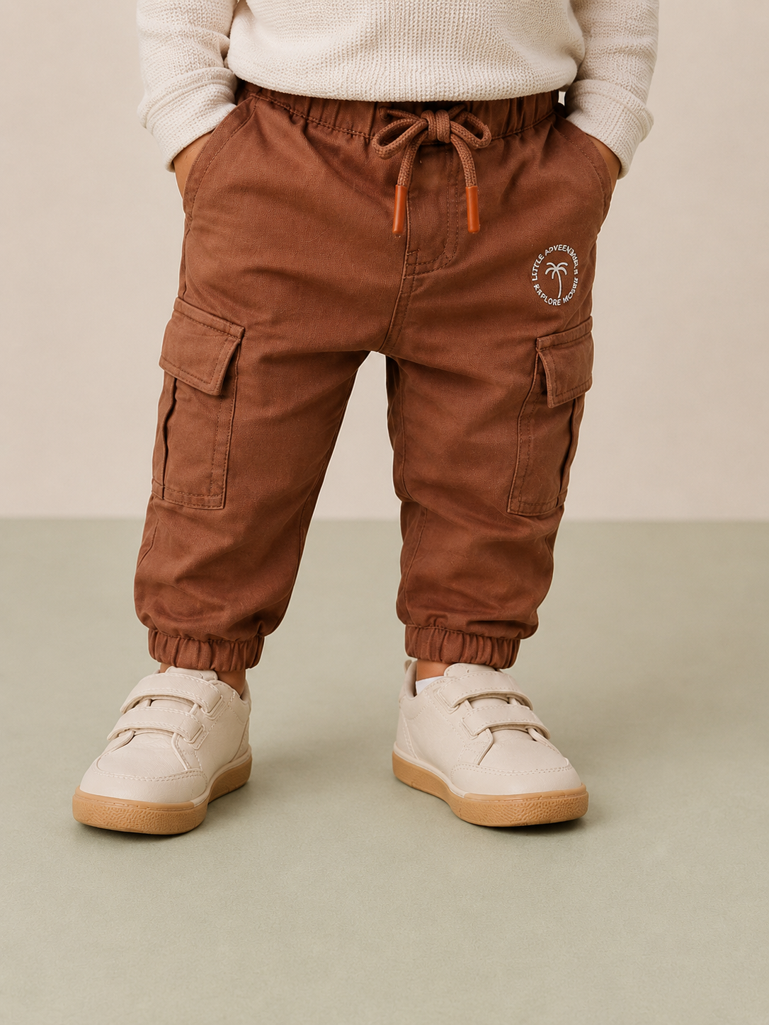 Kids Rust Brown Cargo Jogger Pants with Elastic Waist BloomUp