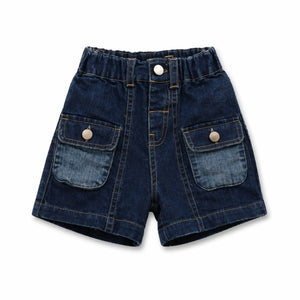 Kids Dark Blue Denim Cargo Shorts with Elastic Waist BloomUp