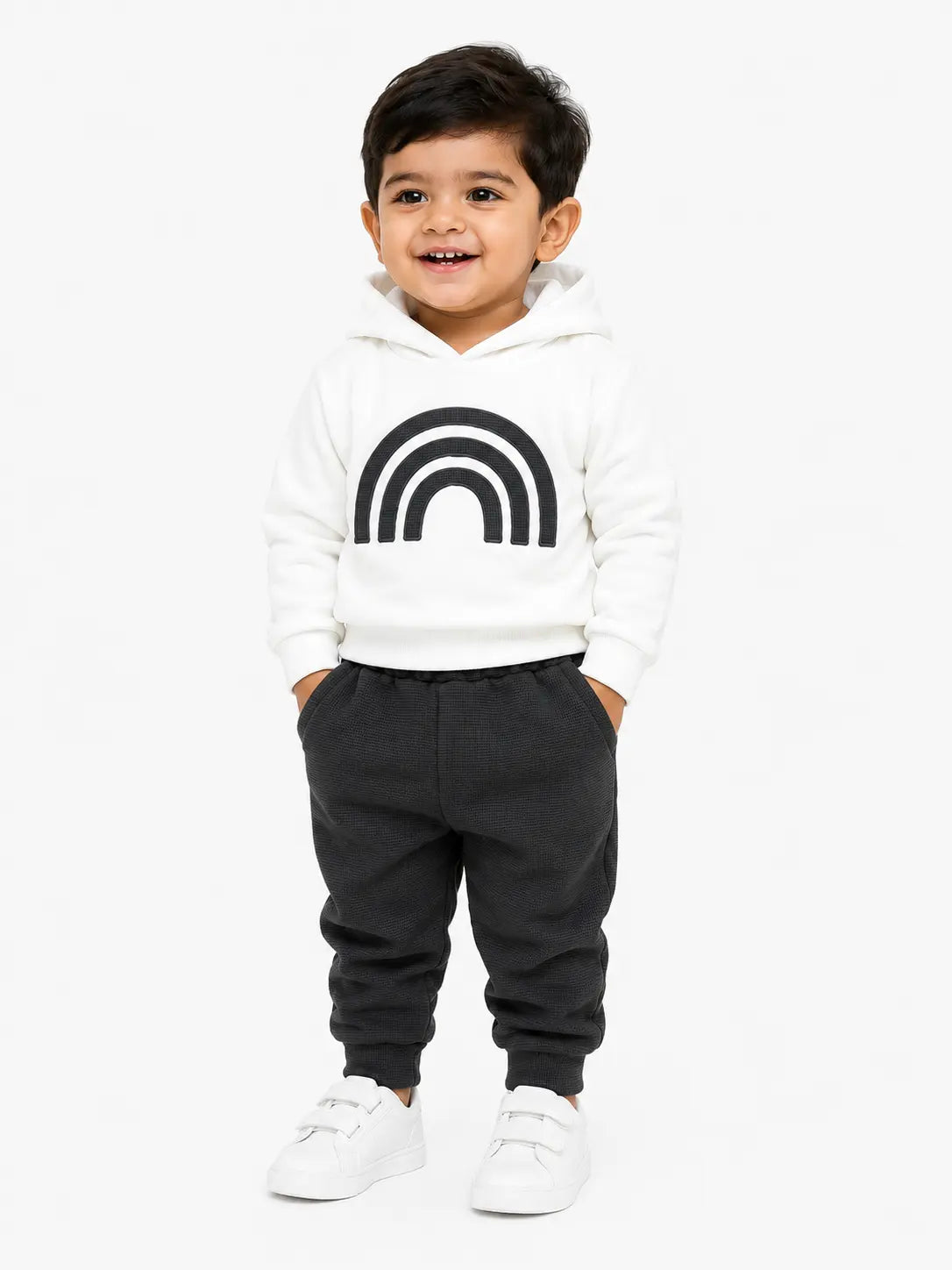 BloomUp White & Charcoal Rainbow Hooded Co-ord Set for Baby Boys – Soft Hoodie & Jogger Pants Set
