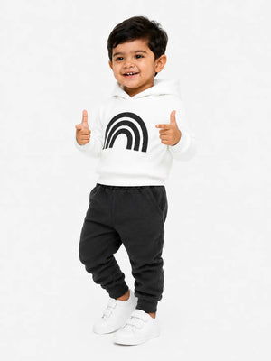 BloomUp White & Charcoal Rainbow Hooded Co-ord Set for Baby Boys – Soft Hoodie & Jogger Pants Set