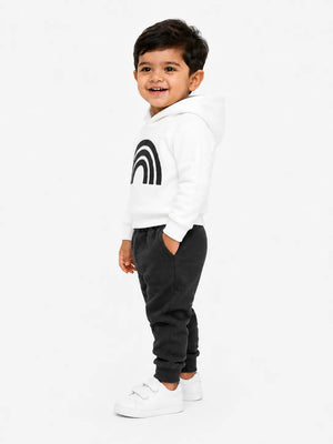 BloomUp White & Charcoal Rainbow Hooded Co-ord Set for Baby Boys – Soft Hoodie & Jogger Pants Set