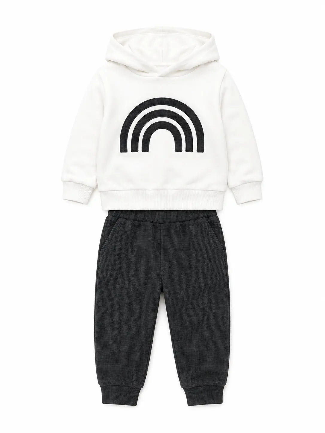 BloomUp White & Charcoal Rainbow Hooded Co-ord Set for Baby Boys – Soft Hoodie & Jogger Pants Set