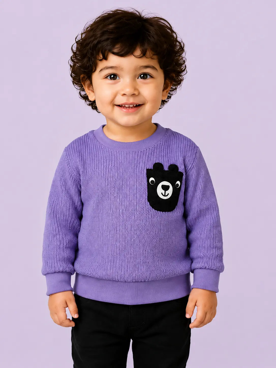 BloomUp Purple Textured Knit Bear Patch Sweatshirt for Kids – Cozy Winter Pullover for Boys & Girls