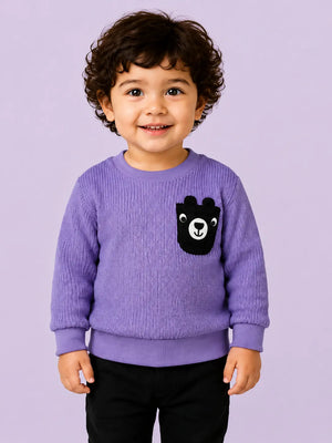 BloomUp Purple Textured Knit Bear Patch Sweatshirt for Kids – Cozy Winter Pullover for Boys & Girls