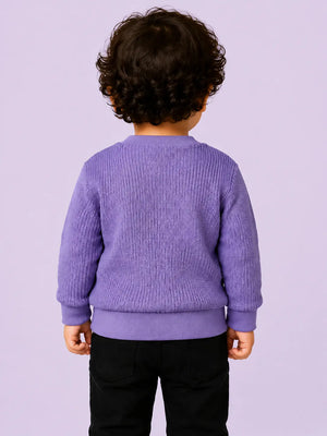 BloomUp Purple Textured Knit Bear Patch Sweatshirt for Kids – Cozy Winter Pullover for Boys & Girls