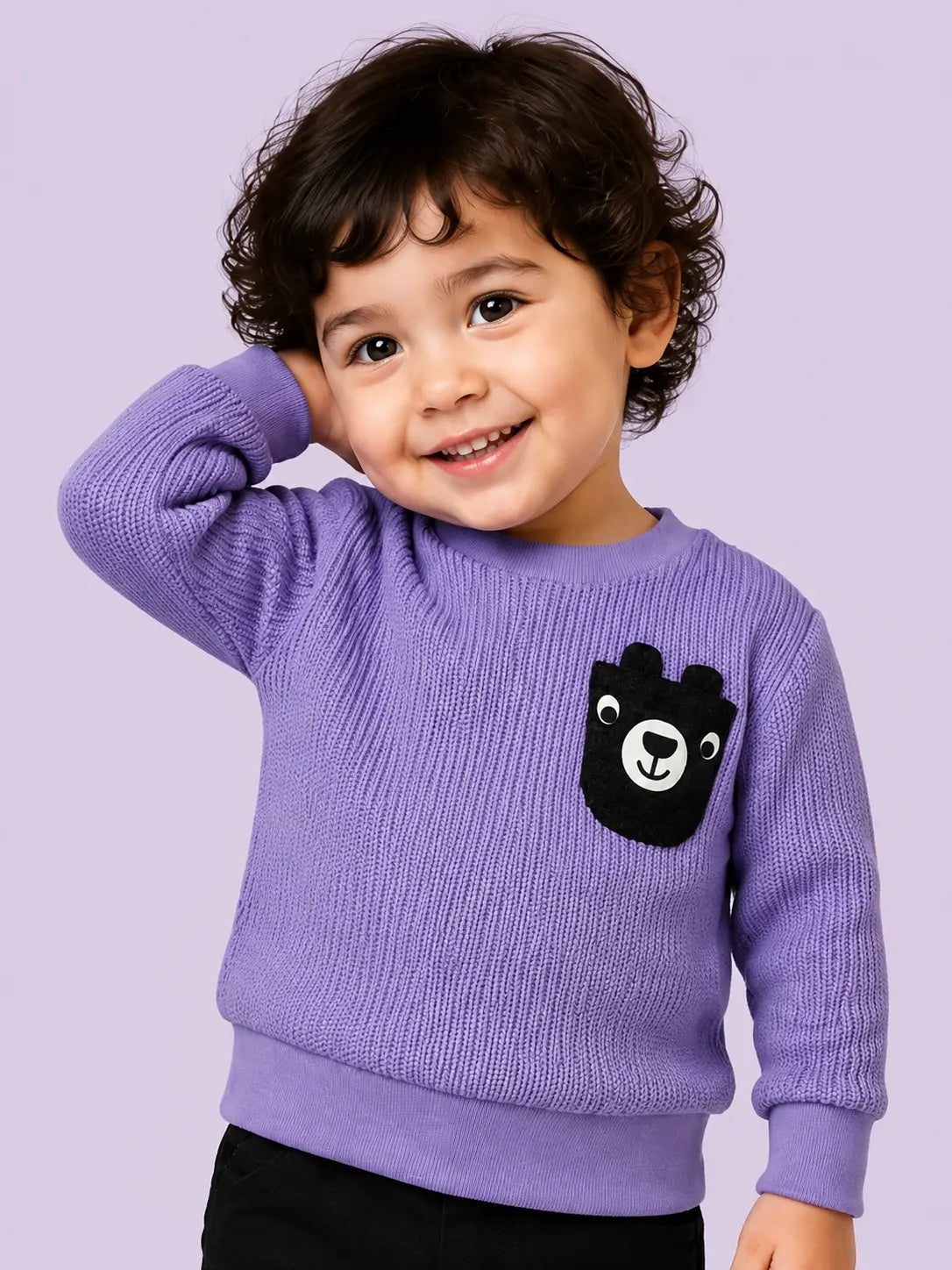 BloomUp Purple Textured Knit Bear Patch Sweatshirt for Kids – Cozy Winter Pullover for Boys & Girls