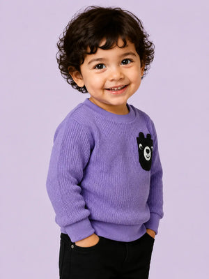 BloomUp Purple Textured Knit Bear Patch Sweatshirt for Kids – Cozy Winter Pullover for Boys & Girls
