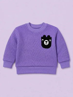 BloomUp Purple Textured Knit Bear Patch Sweatshirt for Kids – Cozy Winter Pullover for Boys & Girls