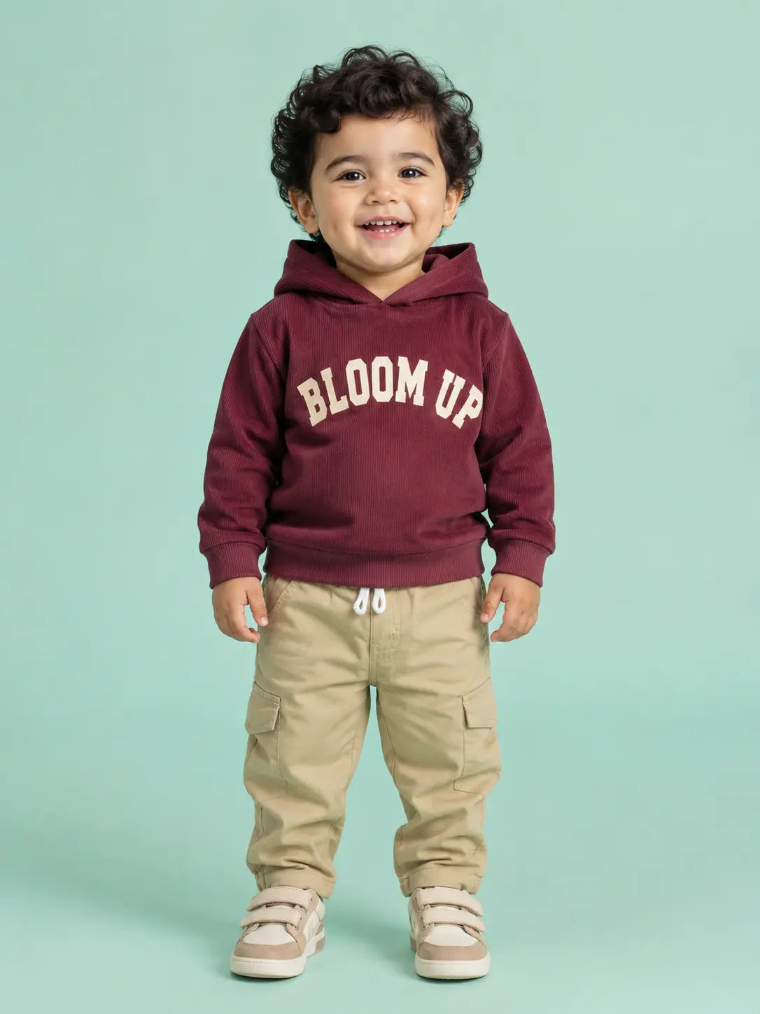BloomUp Burgundy Bloom Up Hoodie & Beige Cargo Pants Set for Kids – Soft Corduroy Winter Co-ord Outfit