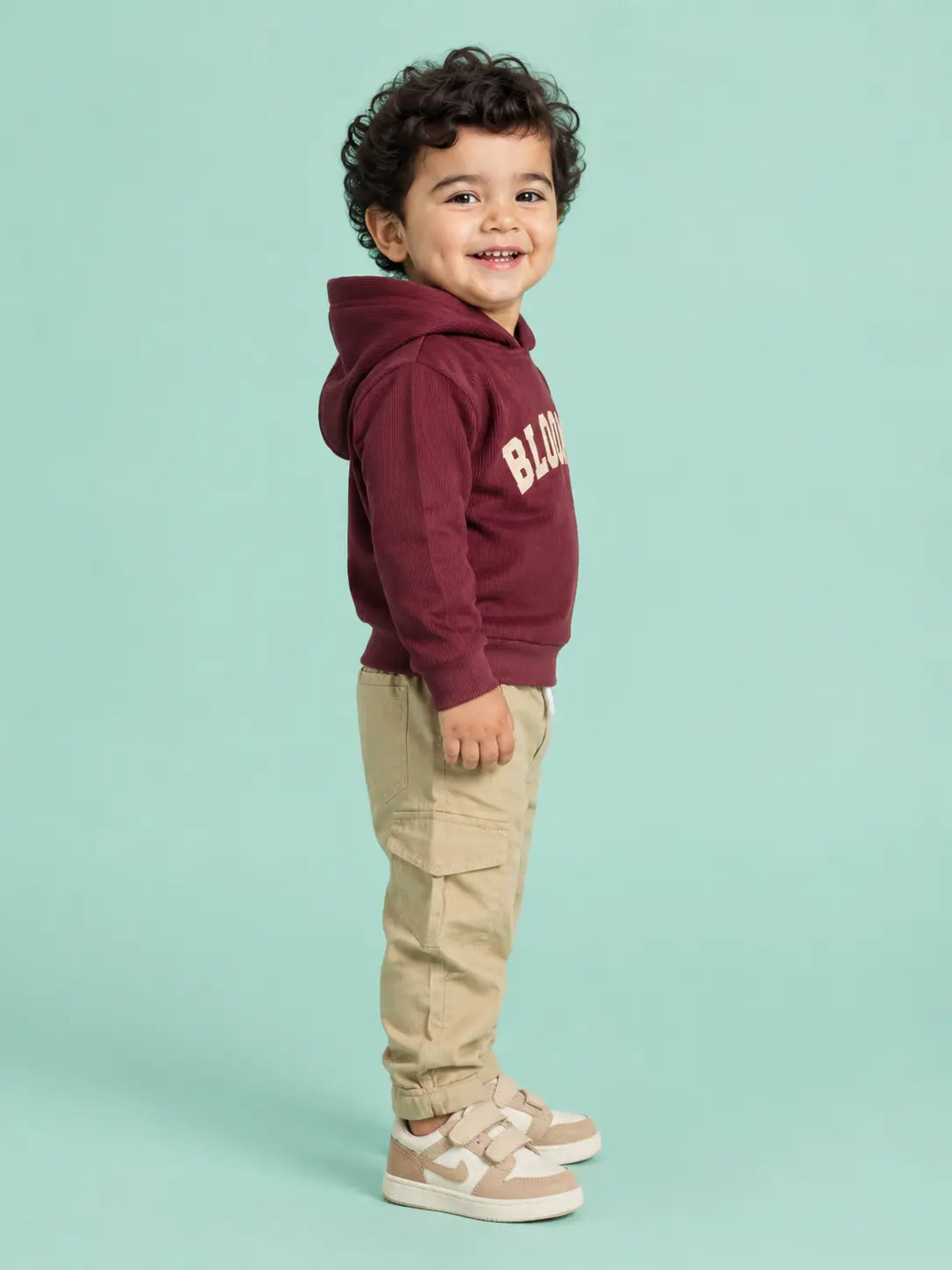 BloomUp Burgundy Bloom Up Hoodie & Beige Cargo Pants Set for Kids – Soft Corduroy Winter Co-ord Outfit