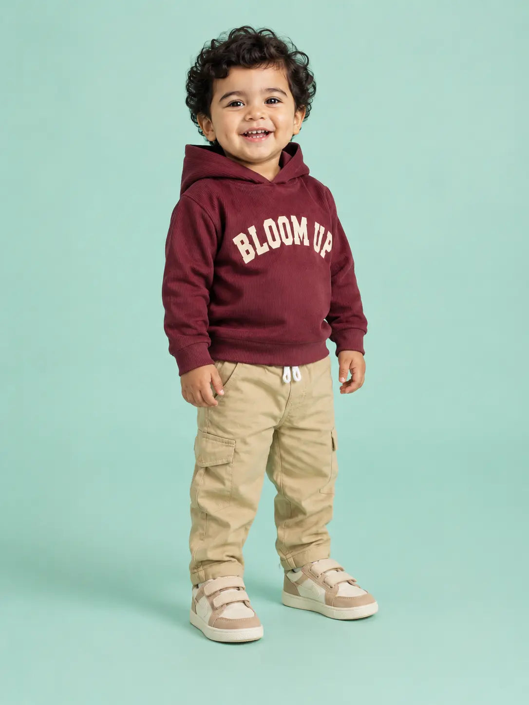 BloomUp Burgundy Bloom Up Hoodie & Beige Cargo Pants Set for Kids – Soft Corduroy Winter Co-ord Outfit