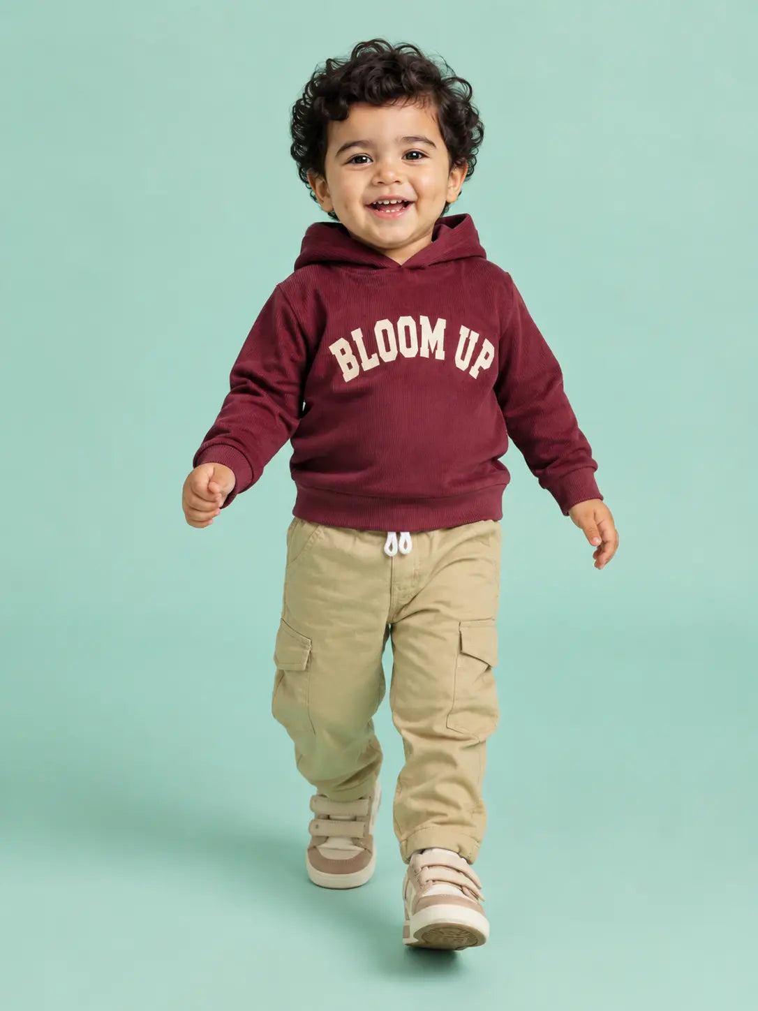 BloomUp Burgundy Bloom Up Hoodie & Beige Cargo Pants Set for Kids – Soft Corduroy Winter Co-ord Outfit