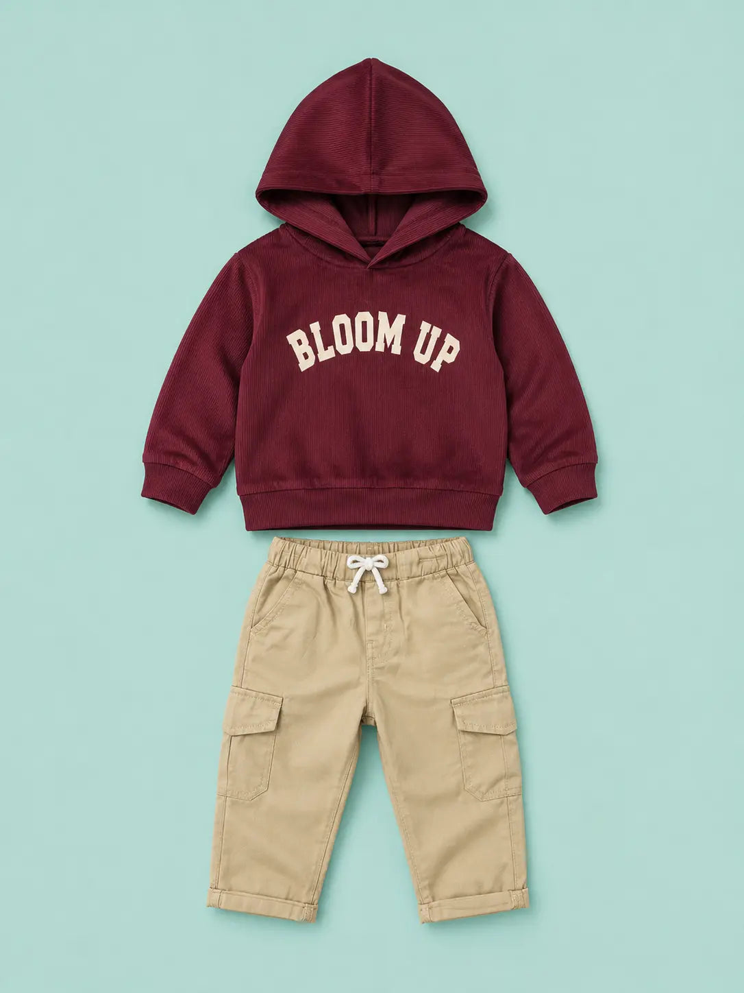 BloomUp Burgundy Bloom Up Hoodie & Beige Cargo Pants Set for Kids – Soft Corduroy Winter Co-ord Outfit
