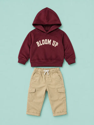 BloomUp Burgundy Bloom Up Hoodie & Beige Cargo Pants Set for Kids – Soft Corduroy Winter Co-ord Outfit