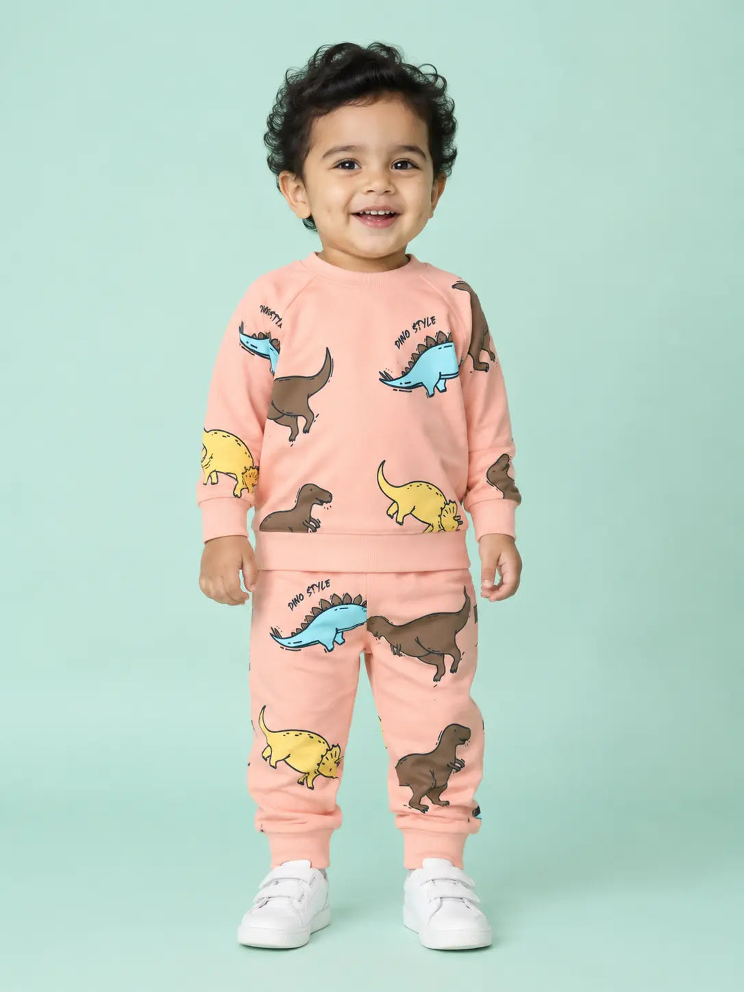 BloomUp Peach Dino Style Sweatshirt & Jogger Set for Kids – Soft Fleece Winter Co-ord Outfit