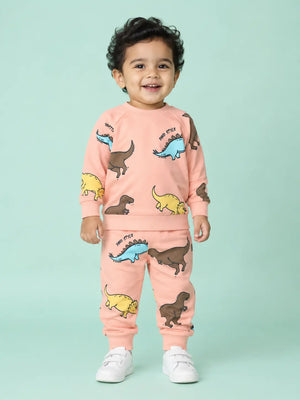 BloomUp Peach Dino Style Sweatshirt & Jogger Set for Kids – Soft Fleece Winter Co-ord Outfit