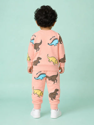 BloomUp Peach Dino Style Sweatshirt & Jogger Set for Kids – Soft Fleece Winter Co-ord Outfit