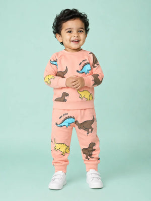 BloomUp Peach Dino Style Sweatshirt & Jogger Set for Kids – Soft Fleece Winter Co-ord Outfit