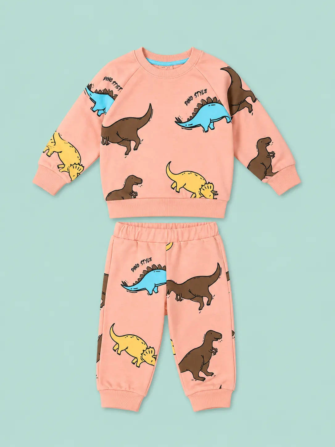 BloomUp Peach Dino Style Sweatshirt & Jogger Set for Kids – Soft Fleece Winter Co-ord Outfit