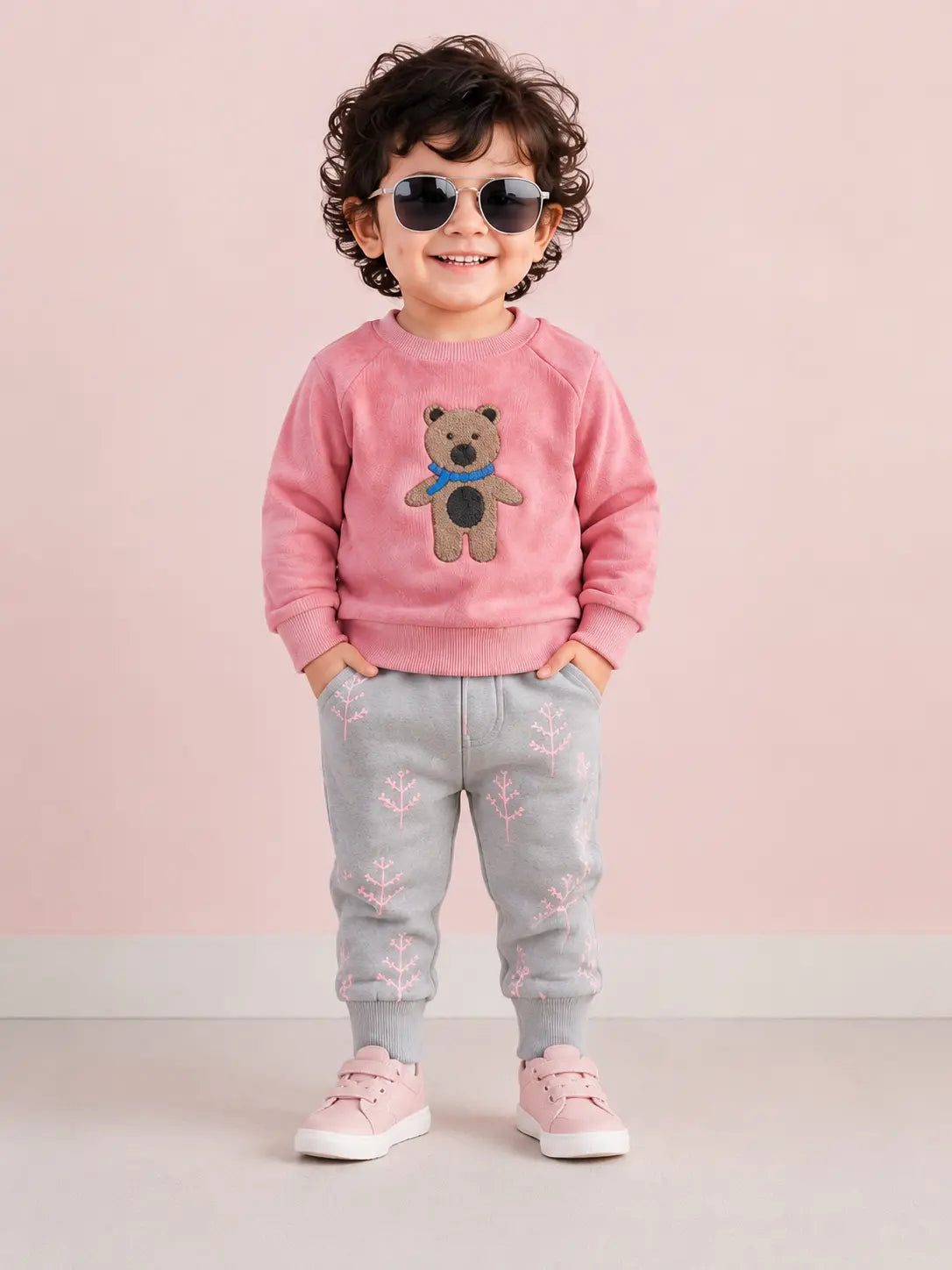 BloomUp Pink Teddy Bear Sweatshirt & Grey Jogger Set for boys – Soft Fleece Kids Winter Co-ord Outfit
