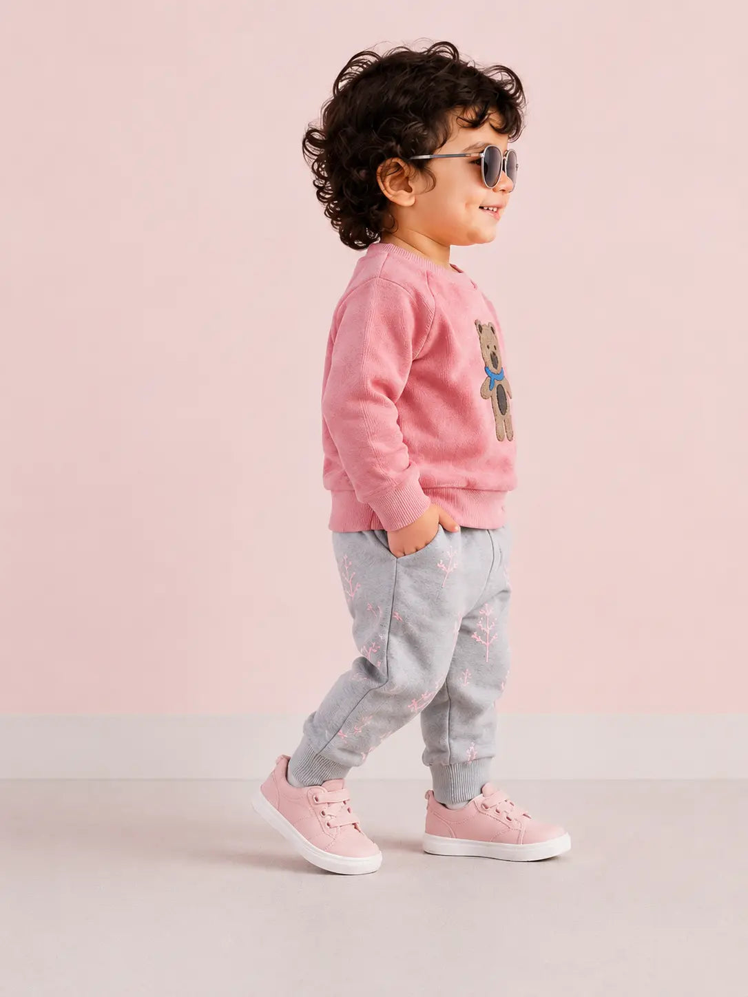 BloomUp Pink Teddy Bear Sweatshirt & Grey Jogger Set for boys – Soft Fleece Kids Winter Co-ord Outfit