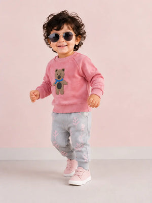 BloomUp Pink Teddy Bear Sweatshirt & Grey Jogger Set for boys – Soft Fleece Kids Winter Co-ord Outfit