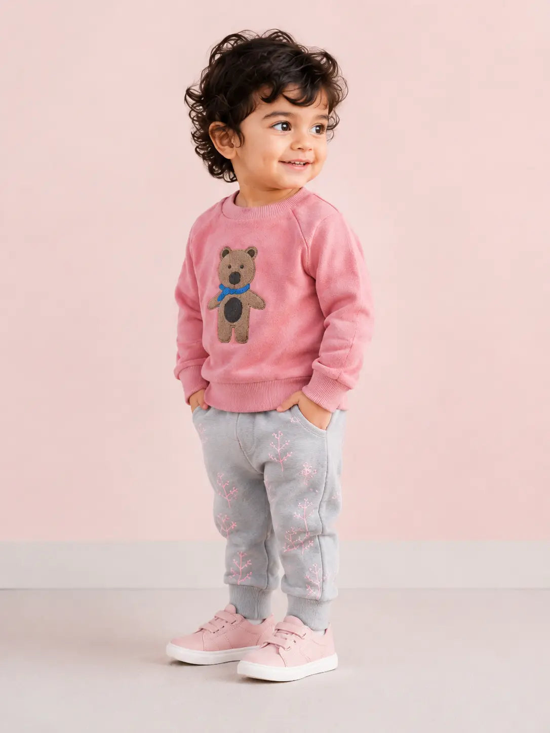 BloomUp Pink Teddy Bear Sweatshirt & Grey Jogger Set for boys – Soft Fleece Kids Winter Co-ord Outfit