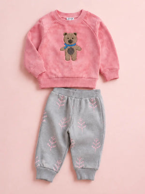 BloomUp Pink Teddy Bear Sweatshirt & Grey Jogger Set for boys – Soft Fleece Kids Winter Co-ord Outfit