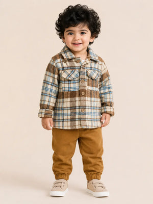 BloomUp Brown Plaid Check Shirt Jacket & Mustard Corduroy Jogger Set for Kids – Soft Winter Co-ord Outfit for Boys & Girls