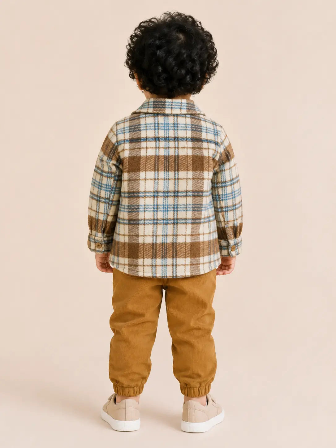 BloomUp Brown Plaid Check Shirt Jacket & Mustard Corduroy Jogger Set for Kids – Soft Winter Co-ord Outfit for Boys & Girls