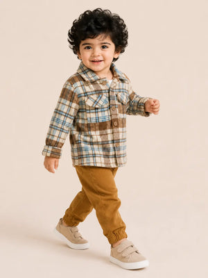 BloomUp Brown Plaid Check Shirt Jacket & Mustard Corduroy Jogger Set for Kids – Soft Winter Co-ord Outfit for Boys & Girls
