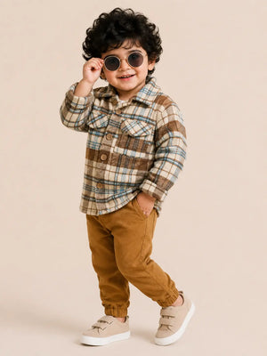 BloomUp Brown Plaid Check Shirt Jacket & Mustard Corduroy Jogger Set for Kids – Soft Winter Co-ord Outfit for Boys & Girls