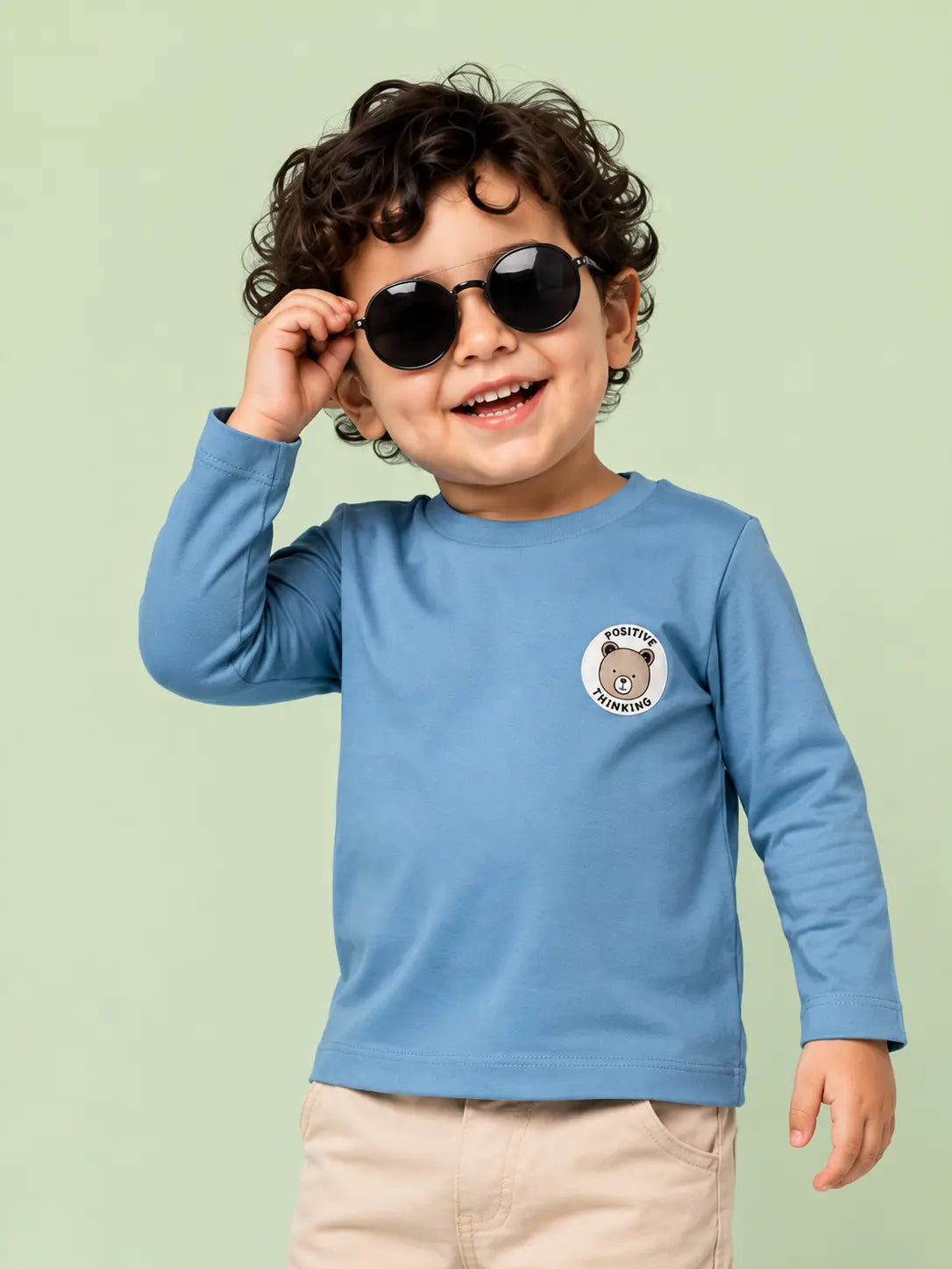 BloomUp Blue Positive Thinking Bear Patch Full Sleeve T-Shirt for Kids – Soft Cotton Daily Wear Top for Boys & Girls
